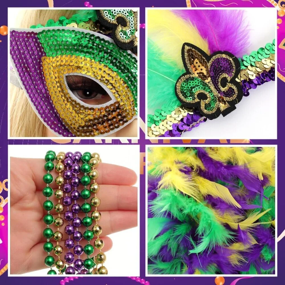 Mardi Gras Costume Accessory Set Sequin Feather Mask Beads Necklaces